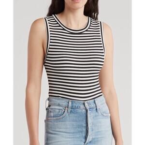 Elodie Women's Sleeveless Ribbed Scoop Neck Black White Striped Tank Top L NWT